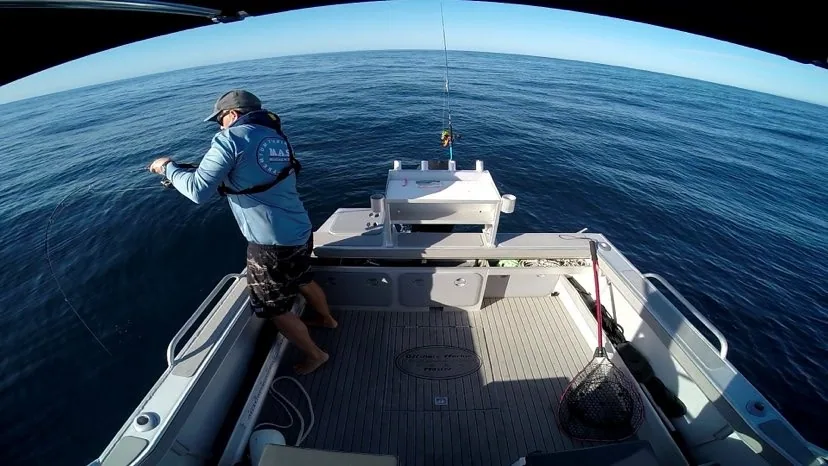 Angler fishing over the side of a boat on calm open water