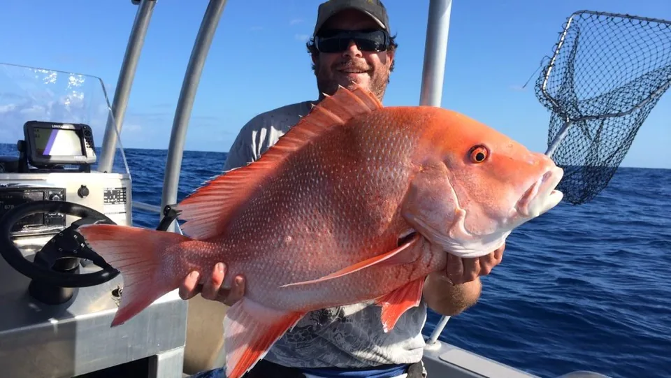 Angler holding a large orange fish beside a landing net