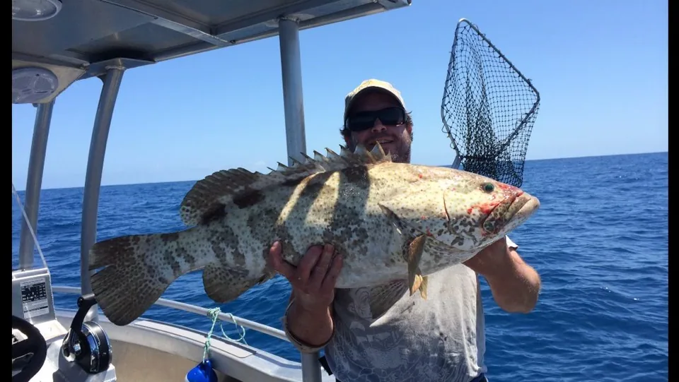 Angler displaying a large mottled fish under an alloy boat roof